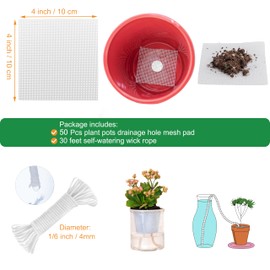 50 Pcs Plant Pot Bottom Hole 4" Mesh Pad, Keep Soil from Falling Out Drainage Hole, Square Potted Bonsai Succulent Flower Planter Grid Mat Screen Gardening Gasket Cover, with 30ft Self Watering Rope