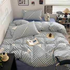 LIWHENHAO Abstract Duvet Cover Set Queen 100% Cotton Bedding Blue Line Stripe Simple Pattern on White 1 Modern Geometric Comforter Cover Full Zipper Closure 2 Pillowcases for Kids Girls Boys Woman
