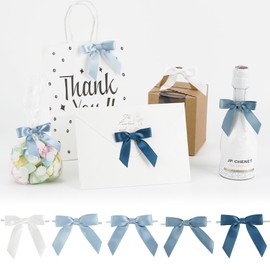 AIMUDI 5 Colors Dusty Blue Ribbon Bows 2.5" Satin Twist Tie Bows for Gift Wrapping Premade Satin Bows for Making Crafts Treat Bag Baby Shower Birthday Party Wedding Decoration, 50 PCs