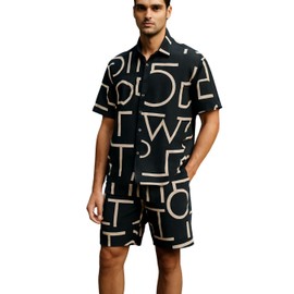 Men's Summer Co-ord Set Rayon Fabric Set V-Neck Shirt with Shorts Stylish Outfit Shirt and Short with Two Pockets (Black & White, Large)