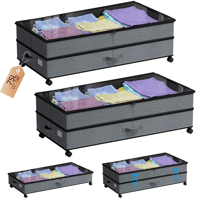 Meetue Under Bed Storage with Wheels, 2 Pack 75L Underbed