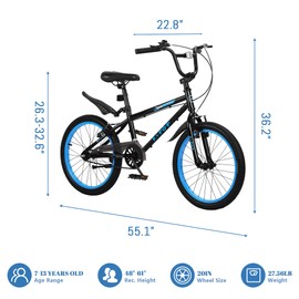 20 Inch Kids' Bike for Boys Aged 7-12, BMX-Style Bike for Kids, Lightweight Children's Bicycles with Adjustable Seat, Kids' Bicycles with Front V-Brake & Rear Coaster Brake (Blue)