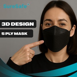 [50 Pack] SURESAFE 3D 5-PLY Contoured Fish Shape Mask, Latex Free Non-Woven Black Disposable Face Mask for Women and Men, Comfortable and Easy to Breathe