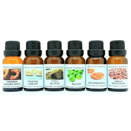 Crazy Candles 6 Bottles Set, 1 Cinnamon Sugared Donut, 1 Frosting Forever, 1 Fudge Brownie, 1 Key Lime, 1 Snickerdoodle, 1 Vanilla Maple Pecan 1/2 Fl Oz Each (15ml) Premium Fragrance Oils