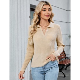 ZAFUL Womens Long Sleeve V Neck Sweaters Collared Ribbed Knit Tops Pullover Polo Sweater Shirts 2025 Fall Trendy Outfits, Apricot, Large