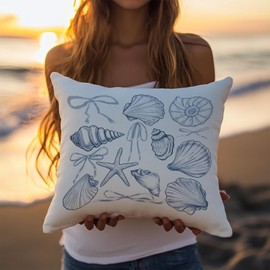 Poecinvi Blue Seashell Coastal Beach Pillow Covers 18x18 Double-Sided, Preppy Beach Room Decor, Blue Coquette Bow Coastal Nautical Throw Pillow Covers for Couch Bed Girls Bedroom Dorm Apartment Decor