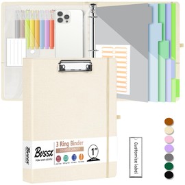 3 Ring 1 Inch Linen Binder Organizer, BVSSX Three Ring Binders with Clipboard, Plastic Folder, 5-Tabs Pocket Dividers with Sticker Labels, Pen Loop, Elastic Strap (Beige, Letter Size)