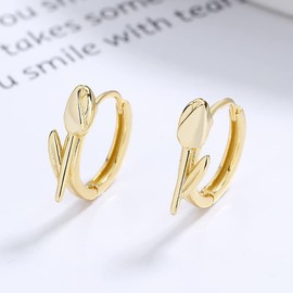 Minimalist Tulip Flower Small Hoop Earrings Sterling Silver 925 Cartilage Earrings Round Huggie Hoops Hinged Hypoallergenic Sensitive Ear Jewelry Gifts for Women Girls (Gold)
