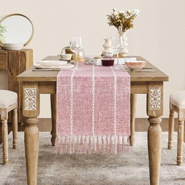 ZeeMart Farmhouse Braided Striped Table Runner, Rustic Pink Table Runners 60 Inches Long Boho Home Decor, Dusty Rose 15x60 Inches