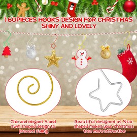 Hotop - Ganchos de adorno de Navidad para decoración de árbol de Navidad (dorado, plateado, rojo, verde, 160 piezas)