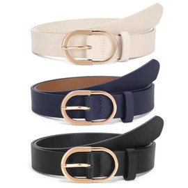 WERFORU 3 Pack Women's Faux Leather Belts for Jeans Pants Fashion Gold Buckle Ladies Dress Belt Black/Navy/Beige
