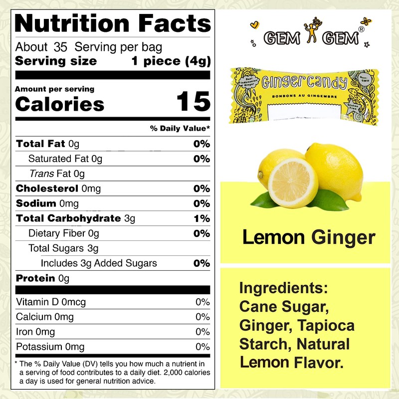 Gem Gem Ginger Candy Chewy Ginger Chews (Lemon, 5.0 oz,