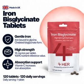 4 HER Gentle Iron Tablets 14mg Bisglycinate Iron Supplements for Women, 120