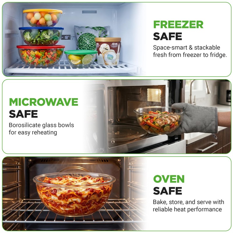 NutriChef 4‑Piece Glass Mixing Bowls with Lids – Premium Borosilicate
