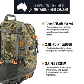 SPIKA Hunting Backpacks for Men, 25L Camo Hunting Day Pack with Water Bladder, Removable Hip Belt, Rifle Holder, Internal Ammo Storage and Rain Cover