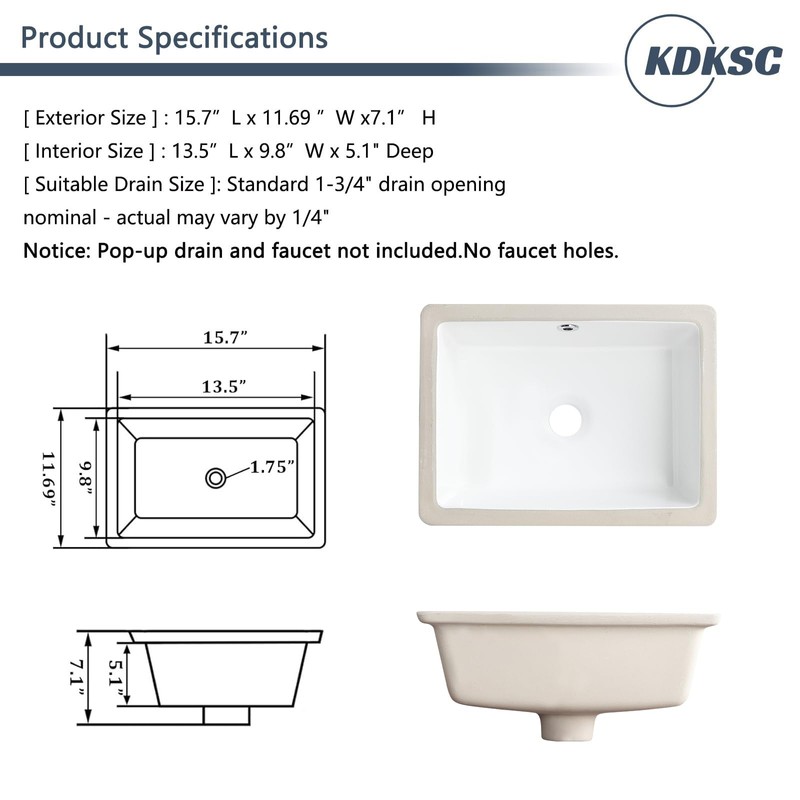 Small Undermount Bathroom Sink 16 Inch White Rectangular Porcelain Ceramic