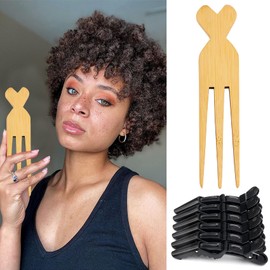 Wooden Comb for African,Parting Combs for Braiding Hair Anti-Static Afro Pick Three Prong Wide Tooth Wooden Comb Afro Comb with 6 Pieces Alligator Hair Clips for Women Hair Braiding