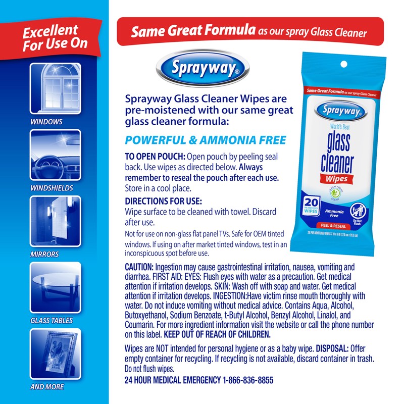 Sprayway Glass Cleaner Wipes, 20ct, Pack of 6 | On-the-Go