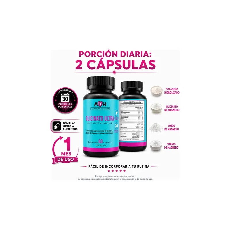 Glicinato Ultra 60 Cáp Glicinato De Magnesio 500 Mg A4h