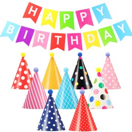 TaoBary 12 Pcs Birthday Party Hats with Pom Poms Rainbow Cone Hats with 9ft Birthday Banner & Sign Rainbow Decorations Party Supplies Fun Photo Props