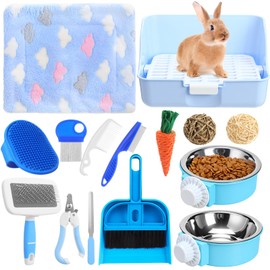 Reallnaive 15 Pcs Rabbit Starter Kit Small Rabbit Litter Box Animal Grooming Kit Bunny Toys Bowl Blankets with Cleaning Set for Guinea Pig Accessories (Candy Blue)