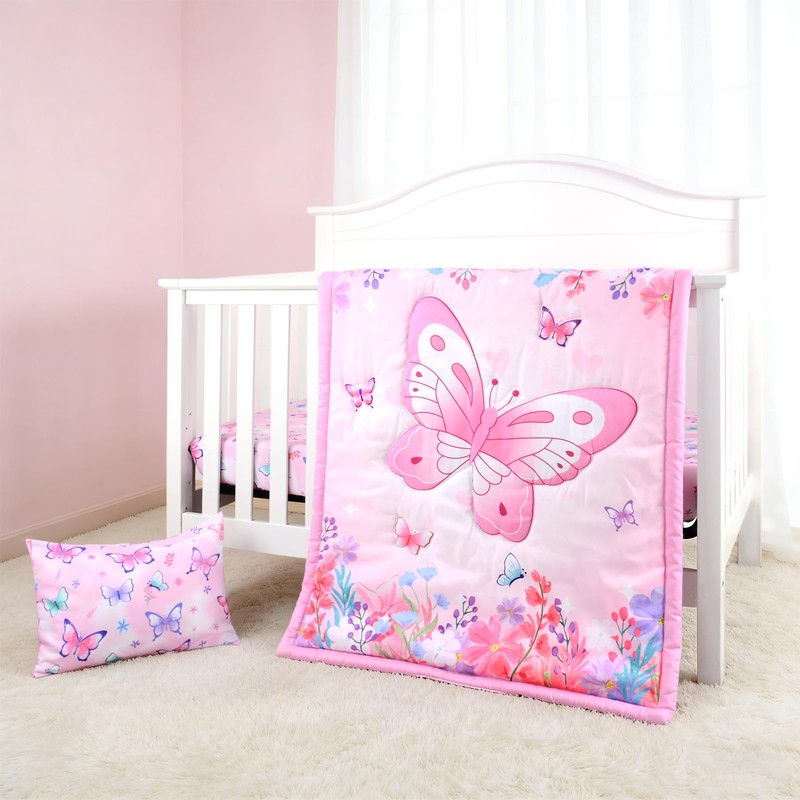 JISEN 3 Piece Crib Bedding Set Soft Baby Butterfly Crib