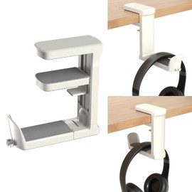 Ahonnpely Headphone Hook - Adjustable Clamp-on Headphone Holder, Under Desk Gaming Headset Holder Mount Hook with Rotating Clamp (White)