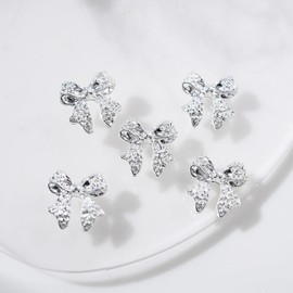 10pcs Silver Bow Nail Charms - Retro Rhinestone Bowknot Nail Gems Sparkling Silver Alloy Bow Nail Art Charms Bling Style Solid Color Bow Nail Accessories for Women Manicure Decor