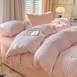 Covebett Bed Linen 155 x 220 cm Checked Pink White Checked Pattern Modern Duvet Cover Set Country House Style Geometric Check Pattern Renforce Washed Microfibre Duvet Cover and Pillowcase 80 x 80 cm Zip