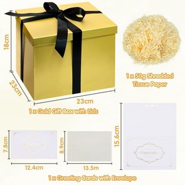 Gift Box Set, Gold Gift Box with Lids Deep Gift Box with Ribbon 23x23x18cm Gift Box Shredded Tissue Paper Greeting Cards for Christmas Birthday Wedding Anniversary