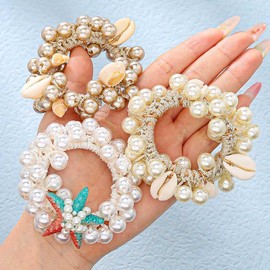 CAKURE Pearl Hair Ties Seashell Scrunchies Starfish Ponytail Holder Shell Hair Accessories for Women