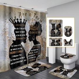 Omebero 4 Pcs Shower Curtain Set with Rugs Toilet Lid Cover Bath Mat, Romantic Black Man Women Couples Bathroom Sets with Shower Curtain and Hooks, Waterproof Fabric Black King Queen Shower Curtains