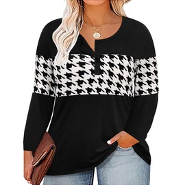 CARCOS Plus Size Tops for Women 1X Long Sleeve Henley Shirts Buttons Up Fall Tshirts Black Round Neck Black White Houndstooth Casual Color Block Christmas Tunics XL 16W 18W