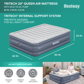 Bestway Tritech, Sized 20" Thick Durable Comfortable Mattress Pad for Portable Relaxation with Built-in AC Pump and Storage Bag