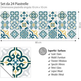 RE-COVERTILES - Tile Stickers Bathroom and Kitchen 24 Pieces 10 x 10 cm - PS00105 PVC Wall Decoration Waterproof Tiles Mosaic Style Azulejos Cement Tiles