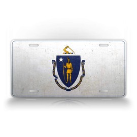 Massachusetts Americana Weathered Metal Flag License Plate Antique MA State Flag Auto Tag