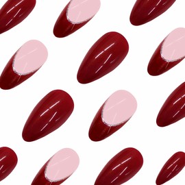 BABALAL Almond Press on Nails Medium Fake Nails Red Glue on Nails Glitter Bling French Tip Acrylic Nails 24Pcs Stiletto Manicure Stick on Nails Shiny Full Cover Artificial Nails