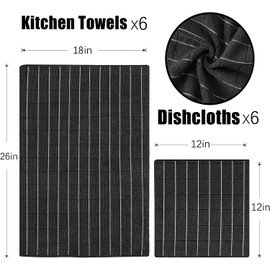 Puomue Microfiber Kitchen Towels and Dishcloths Set, 26 X 18 Inch and 12 X 12 Inch, Set of 12 Bulk Lint Free Dish Towels for Drying Dishes, Black