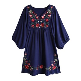 Kafeimali Vestido corto de verano para mujer, estilo bohemio, bordado, Azul marino, L