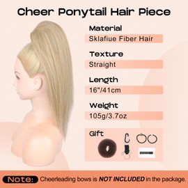 SEIKEA Cheer Ponytail Hair Piece, 16" Straight Cheerleader Hairpiece Ponytail Extension for Cheerleader Competition, Dance, Light Blonde with Blonde Highlights