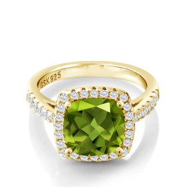 Gem Stone King 2.95 Cttw Green Peridot and White Created Sapphire 18K Yellow Gold Plated Silver Ring For Women | Gemstone Birthstone | 8MM Cushion | Available In Size 5, 6, 7, 8, 9
