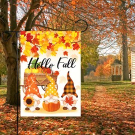 Louise Maelys Hello Fall Gnomes Garden Flag Seasonal Autumn Pumpkin Yard Flags 12x18 Inch Double Sided Burlap Maple Leaves Garden Flags for Autumn Farmhouse Burlap Outdoor Welcome Decor(ONLY FLAG)