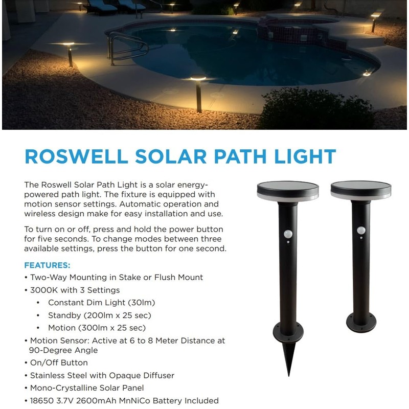 SPW Brilliance Roswell-Solar-PL Solar Powered Path Light 3000K LED Landscape