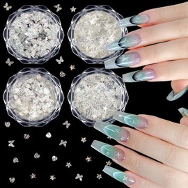 4 Boxes 3D Chunky Glitter Sequins Nail Art Charms Shiny Star Heart Butterfly Nail Charms Holographic Nail Glitter Flakes Starlight Sequin Charms for Nails Design Acrylic Paillette Manicure Decor