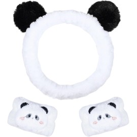 Panda Ears Plush Wash Face Headband Spa Wrist Band Cuffs Hair Scrunchy Women Facial Makeup Skincare Bath Headband (White, One size)