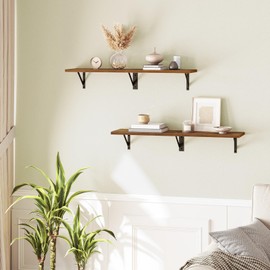 HOOBRO Floating Shelves, 30 Inch Wall Shelf Set of 2, Wall-Mounted Storage Shelves, Retro Hanging Shelf with Metal Frame, for Living Room, Bedroom, Bathroom, Kitchen, Rustic Brown and Black BF24BJ01