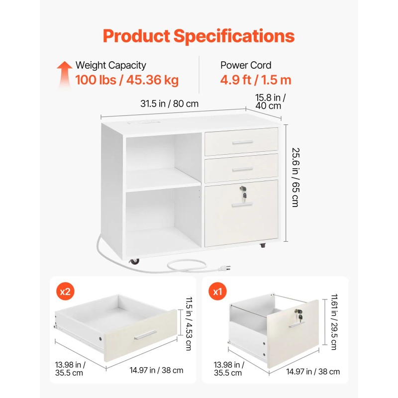 Adjustable Shelves 3-Drawer Wooden Mobile Filing Cabinet Lockable Rolling File