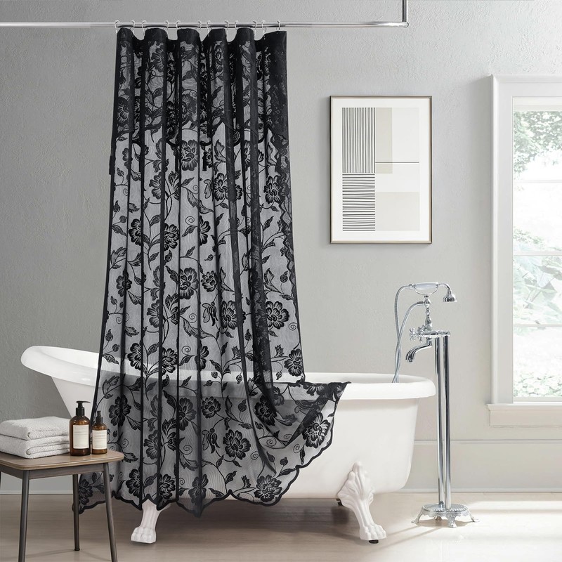 SD SDLIVING Black Lace Shower Curtain with Tassels,Luxury Floral Sheer
