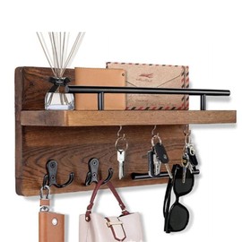 Sonhomay Wall Mounted Key Holder Wooden Mail Organizer Holder Key Rack Hangers with 2 Double Key Hooks and A Floating Shelf Home Decor for Entryway Mudroom Office Door 12x7x3 inch