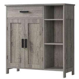 FIONESO Storage Cabinet, Floor Cabinet Wooden Storage Organizer, Coffee Bar Cabinet with 2 Doors and 3 Shelves, Freestanding Cupboard for Entryway/Living Room/Bathroom, Woodgrain Gray